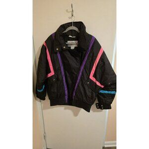 Vintage Profile Ski Jacket Womens Large Black 90s Neon Stripe Nylon Retro Zip